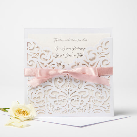 White Laser Cut Wedding Invitation Pearl & Ribbon Detail