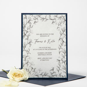 Navy Wedding Invite with Illustrated Leaf Design