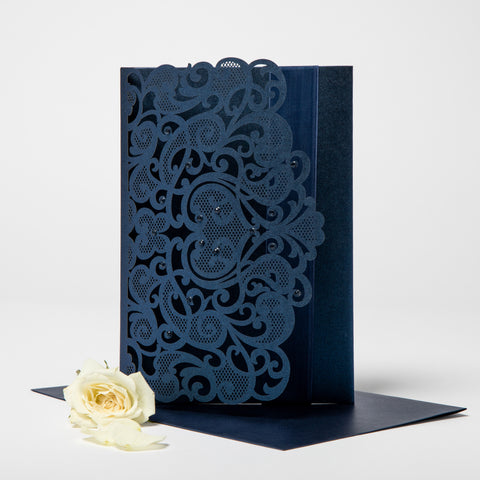 Navy Pearlised Laser Cut Wedding Invitation With Ribbon Detail