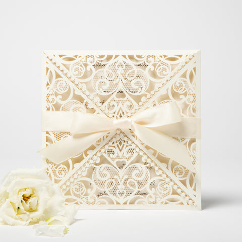 Ivory Laser Cut Wedding Invitation With Ribbon Detail
